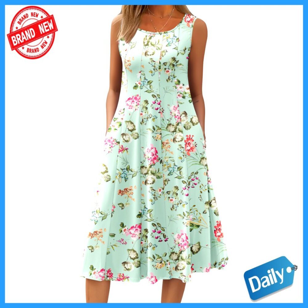 Sleeveless Midi Swing Dress with Pockets, Polyester Spandex, Casual Summer